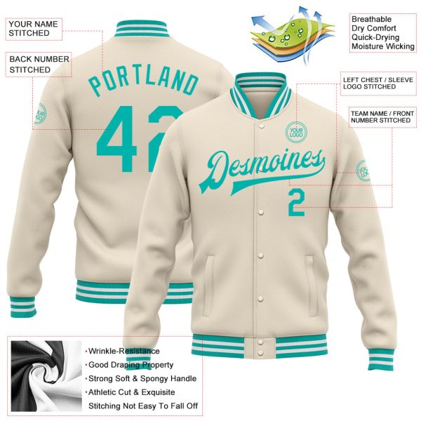 Custom Cream Aqua-White Bomber Full-Snap Varsity Letterman Jacket - Image 3
