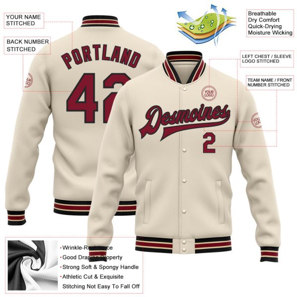 Custom Cream Crimson Black-City Cream Bomber Full-Snap Varsity Letterman Jacket - Image 3