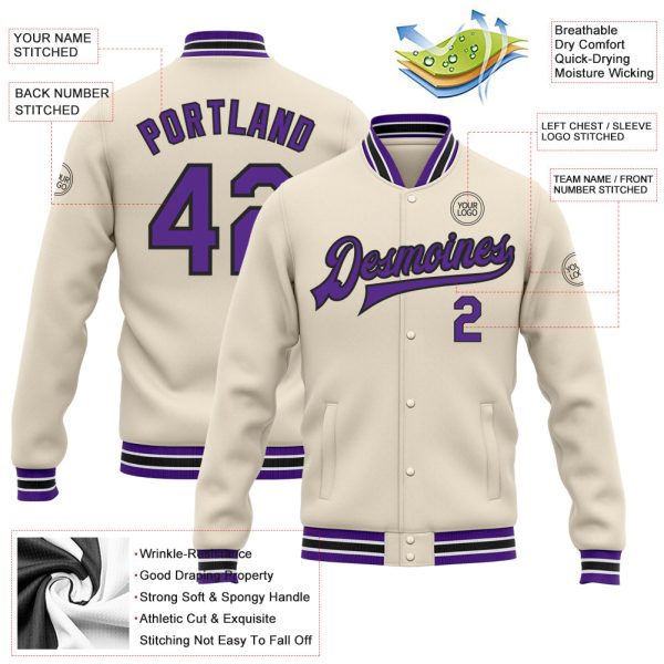 Custom Cream Purple-Black Bomber Full-Snap Varsity Letterman Jacket - Image 3