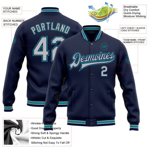 Custom Navy Gray-Teal Bomber Full-Snap Varsity Letterman Jacket - Image 3