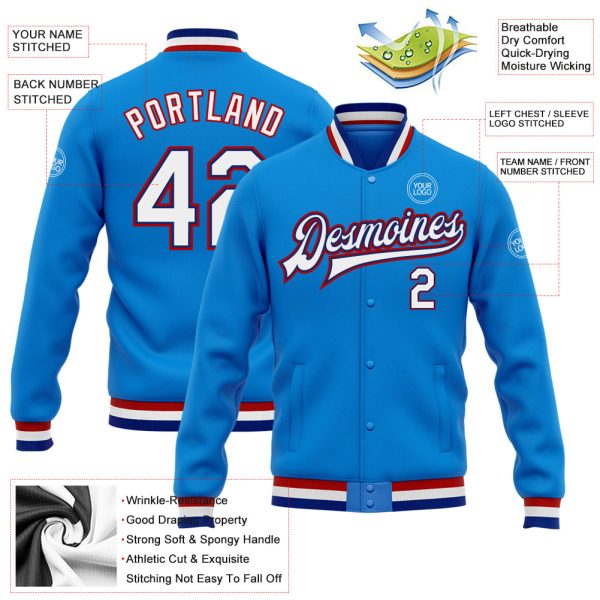 Custom Powder Blue White Royal-Red Bomber Full-Snap Varsity Letterman Jacket - Image 3
