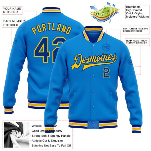Custom Powder Blue Royal-Yellow Bomber Full-Snap Varsity Letterman Jacket - Image 3