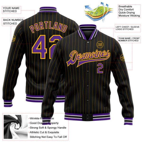 Custom Black Gold Pinstripe Purple-White Bomber Full-Snap Varsity Letterman Jacket - Image 3