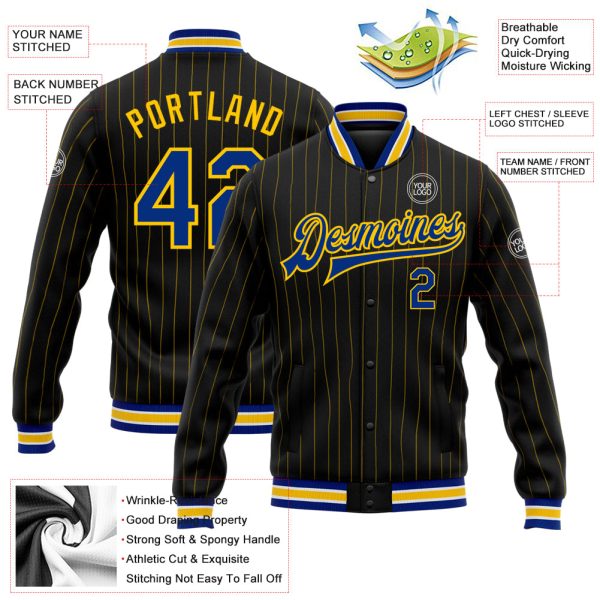 Custom Black Yellow Pinstripe Royal-White Bomber Full-Snap Varsity Letterman Jacket - Image 3