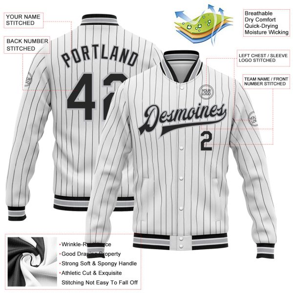 Custom White Black Pinstripe Gray Bomber Full-Snap Varsity Letterman Jacket - Image 3