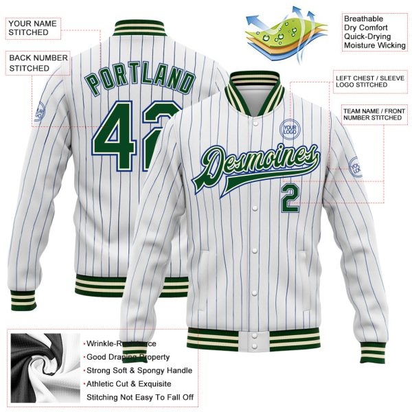 Custom White Royal Pinstripe Green-Cream Bomber Full-Snap Varsity Letterman Jacket - Image 3