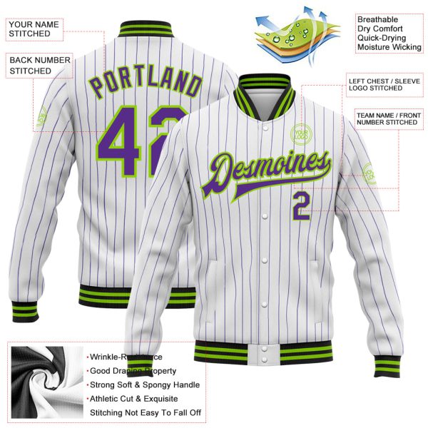 Custom White Purple Pinstripe Neon Green-Black Bomber Full-Snap Varsity Letterman Jacket - Image 3