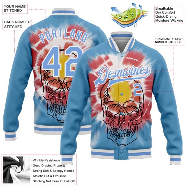 Custom Light Blue White Tie Dye Skull Fashion 3D Bomber Full-Snap Varsity Letterman Jacket - Image 3