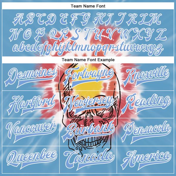 Custom Light Blue White Tie Dye Skull Fashion 3D Bomber Full-Snap Varsity Letterman Jacket - Image 4