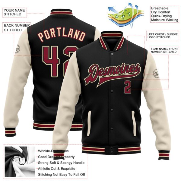 Custom Black Crimson City Cream-Cream Bomber Full-Snap Varsity Letterman Two Tone Jacket - Image 3