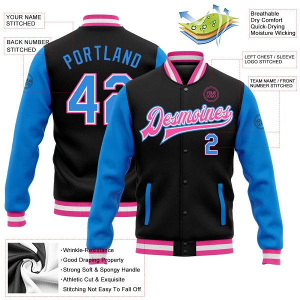 Custom Black Powder Blue-Pink Bomber Full-Snap Varsity Letterman Two Tone Jacket - Image 3