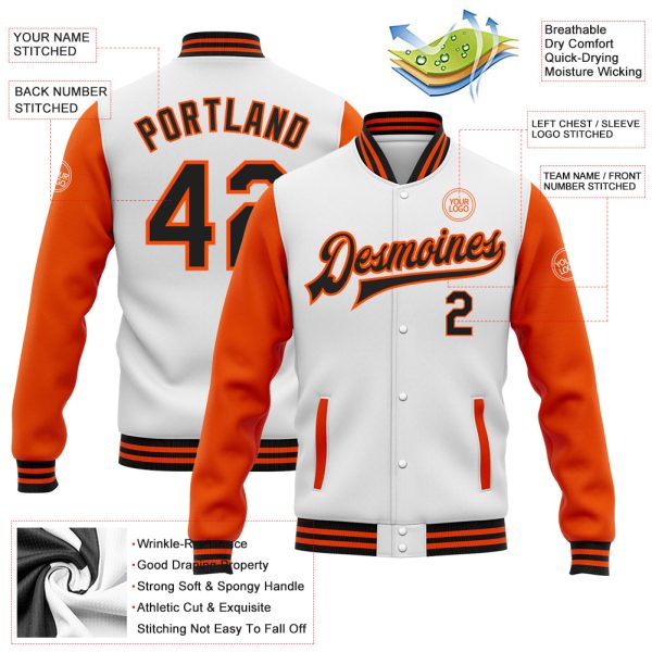 Custom White Black-Orange Bomber Full-Snap Varsity Letterman Two Tone Jacket - Image 3
