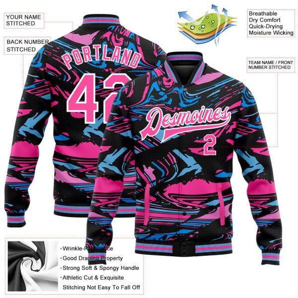 Custom Figure Pink-Light Blue 3D Pattern Design Bomber Full-Snap Varsity Letterman Jacket - Image 3