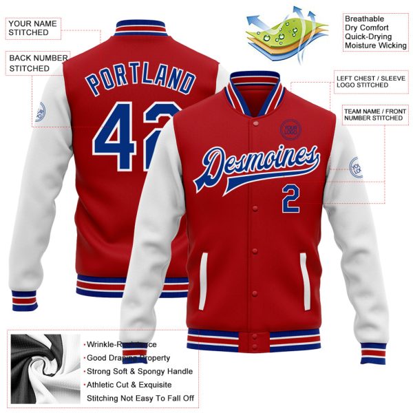 Custom Red Royal-White Bomber Full-Snap Varsity Letterman Two Tone Jacket - Image 3