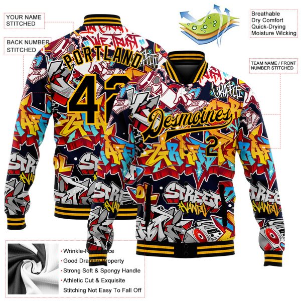Custom Graffiti Pattern Black-Gold Grunge Urban Street Art 3D Bomber Full-Snap Varsity Letterman Jacket - Image 3