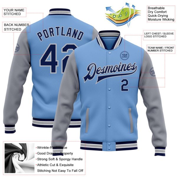 Custom Light Blue Navy-Gray Bomber Full-Snap Varsity Letterman Two Tone Jacket - Image 3