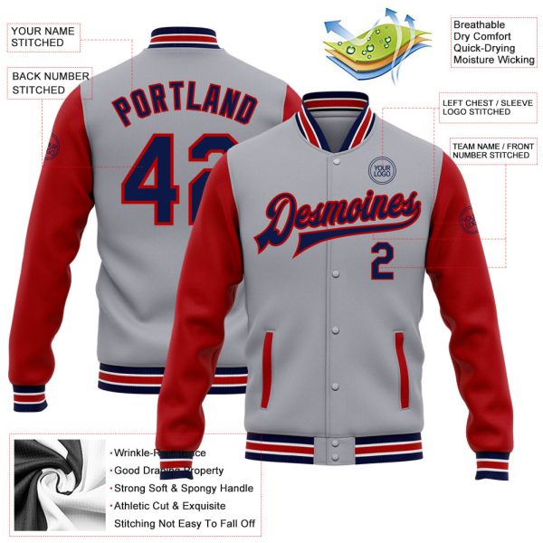 Custom Gray Navy-Red Bomber Full-Snap Varsity Letterman Two Tone Jacket - Image 3