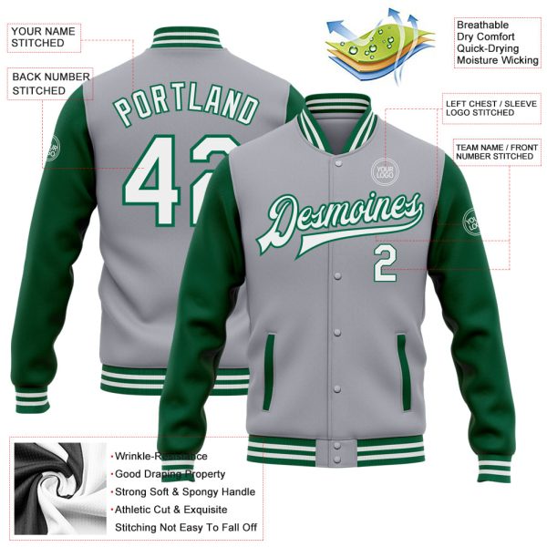 Custom Gray White-Kelly Green Bomber Full-Snap Varsity Letterman Two Tone Jacket - Image 3