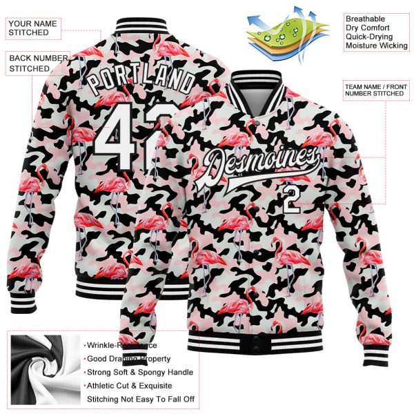 Custom Camo White-Black Flamingo 3D Pattern Design Bomber Full-Snap Varsity Letterman Salute To Service Jacket - Image 3