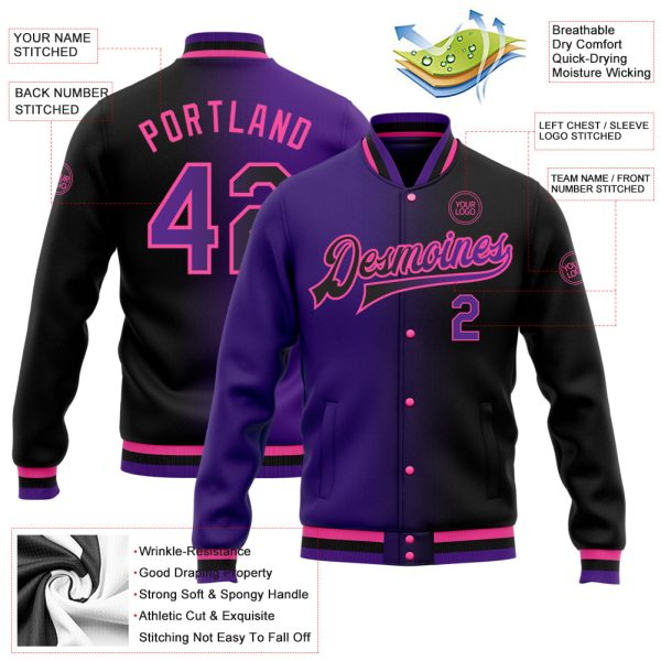 Custom Black Purple-Pink Bomber Full-Snap Varsity Letterman Gradient Fashion Jacket - Image 3