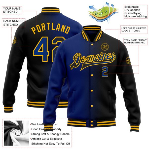 Custom Black Royal-Gold Bomber Full-Snap Varsity Letterman Gradient Fashion Jacket - Image 3