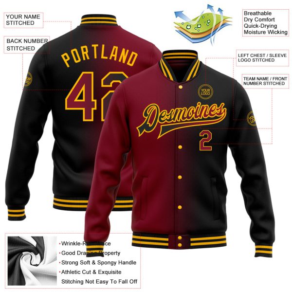 Custom Black Crimson-Gold Bomber Full-Snap Varsity Letterman Gradient Fashion Jacket - Image 3
