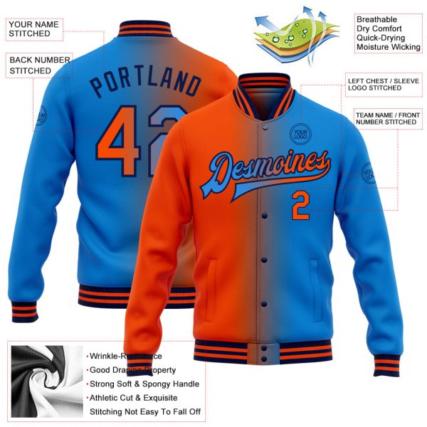Custom Powder Blue Orange-Navy Bomber Full-Snap Varsity Letterman Gradient Fashion Jacket - Image 3