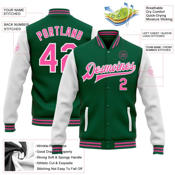 Custom Kelly Green Pink-White Bomber Full-Snap Varsity Letterman Two Tone Jacket - Image 3