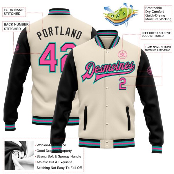 Custom Cream Pink Black-Aqua Bomber Full-Snap Varsity Letterman Two Tone Jacket - Image 3