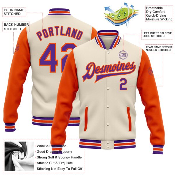 Custom Cream Purple-Orange Bomber Full-Snap Varsity Letterman Two Tone Jacket - Image 3