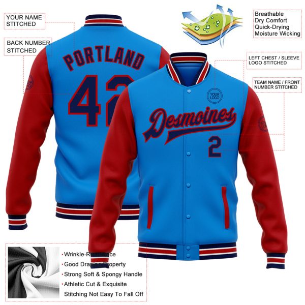 Custom Powder Blue Navy-Red Bomber Full-Snap Varsity Letterman Two Tone Jacket - Image 3