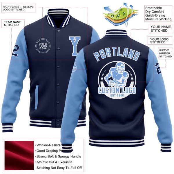 Custom Navy Light Blue-White Bomber Full-Snap Varsity Letterman Two Tone Jacket - Image 3