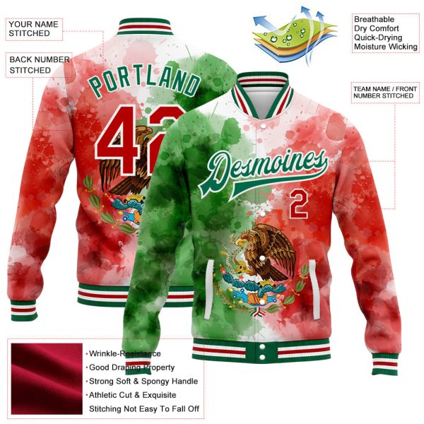 Custom Kelly Green Red-White Mexico Watercolored Splashes Grunge Design 3D Bomber Full-Snap Varsity Letterman Jacket - Image 3