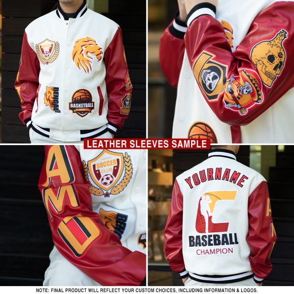 Custom White Orange-Gold Check Board 3D Pattern Design Bomber Full-Snap Varsity Letterman Jacket - Image 2