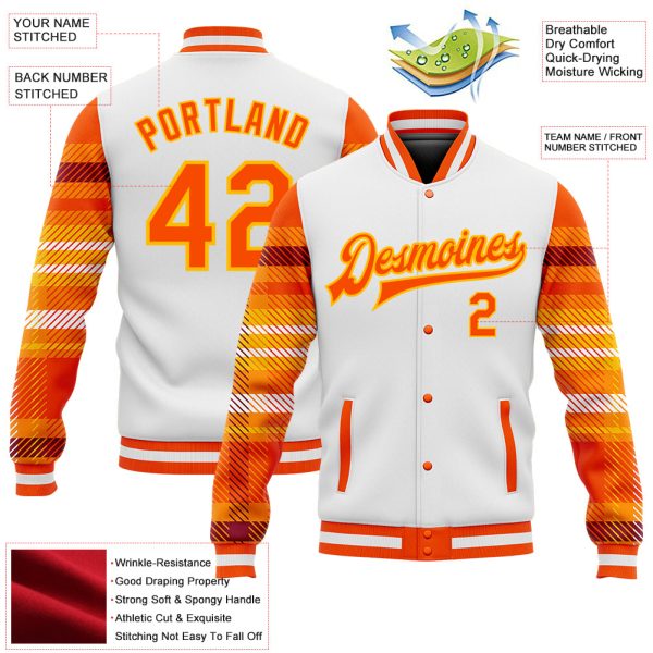 Custom White Orange-Gold Check Board 3D Pattern Design Bomber Full-Snap Varsity Letterman Jacket - Image 5