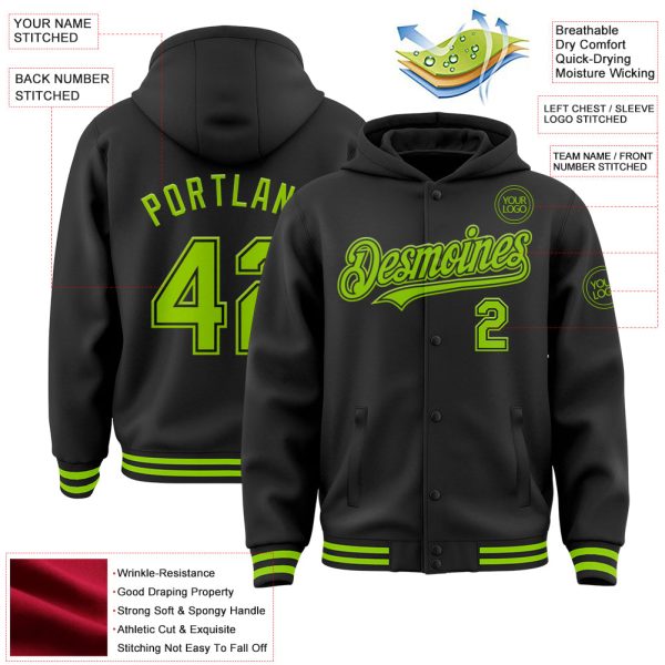 Custom Black Neon Green Bomber Full-Snap Varsity Letterman Hoodie Jacket - Image 3