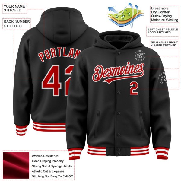 Custom Black Red-White Bomber Full-Snap Varsity Letterman Hoodie Jacket - Image 3