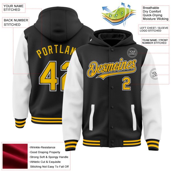 Custom Black Gold-White Bomber Full-Snap Varsity Letterman Two Tone Hoodie Jacket - Image 3