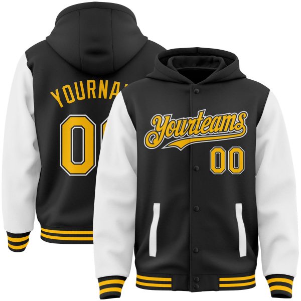 Custom Black Gold-White Bomber Full-Snap Varsity Letterman Two Tone Hoodie Jacket