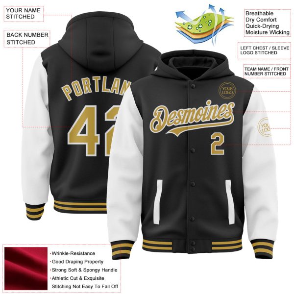 Custom Black Old Gold-White Bomber Full-Snap Varsity Letterman Two Tone Hoodie Jacket - Image 3