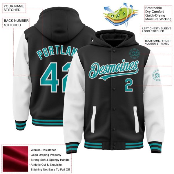 Custom Black Teal-White Bomber Full-Snap Varsity Letterman Two Tone Hoodie Jacket - Image 3