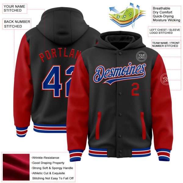 Custom Black Royal-Red Bomber Full-Snap Varsity Letterman Two Tone Hoodie Jacket - Image 3