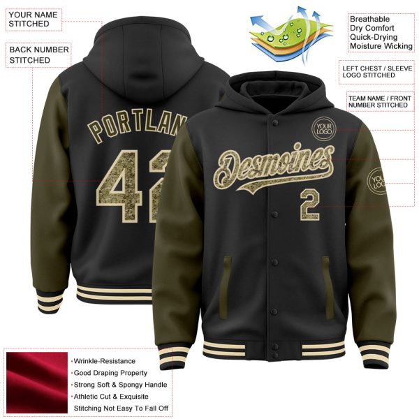 Custom Black Camo Olive-Cream Bomber Full-Snap Varsity Letterman Two Tone Hoodie Jacket - Image 3