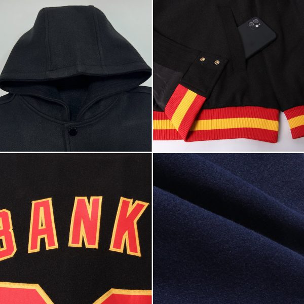 Custom Navy Neon Green Bomber Full-Snap Varsity Letterman Hoodie Jacket - Image 2