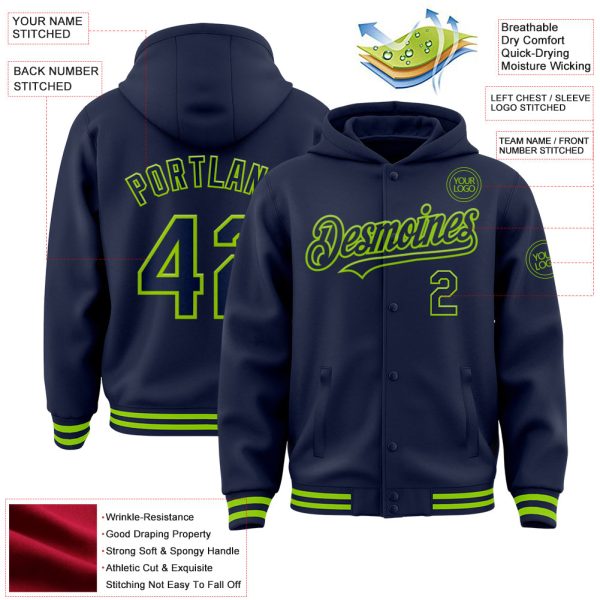 Custom Navy Neon Green Bomber Full-Snap Varsity Letterman Hoodie Jacket - Image 3