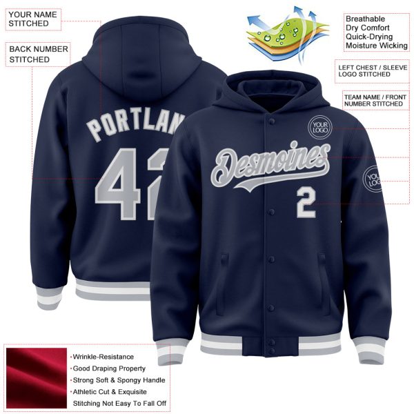 Custom Navy Gray-White Bomber Full-Snap Varsity Letterman Hoodie Jacket - Image 3