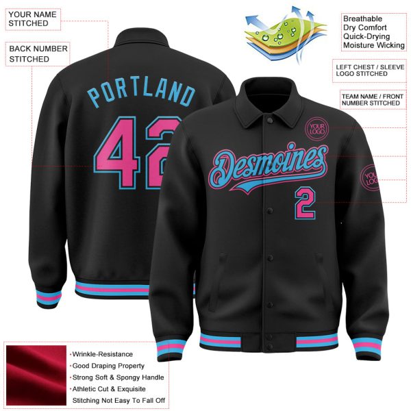 Custom Black Pink-Sky Blue Bomber Full-Snap Varsity Letterman Lapel Collar Byron Jacket - Image 3
