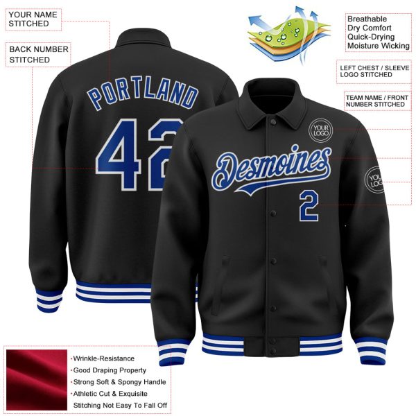 Custom Black Royal-White Bomber Full-Snap Varsity Letterman Lapel Collar Byron Jacket - Image 3