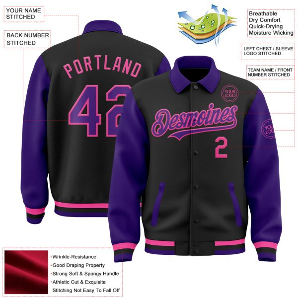 Custom Black Purple-Pink Bomber Full-Snap Varsity Letterman Two Tone Lapel Collar Byron Jacket - Image 3
