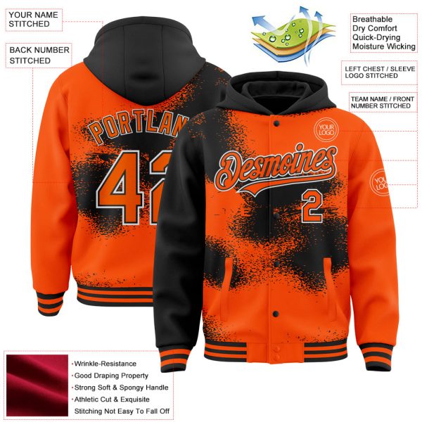 Custom Orange Black-White Abstract Color Blocks Fragment Art 3D Pattern Design Bomber Full-Snap Varsity Letterman Hoodie Jacket - Image 3